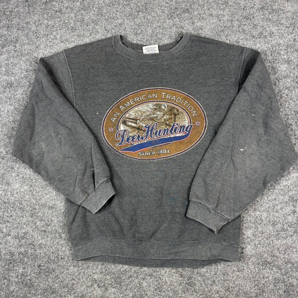 Pluma Sweatshirt Mens Size M Charcoal Gray Vintage Deer Hunting Graphic Fleece